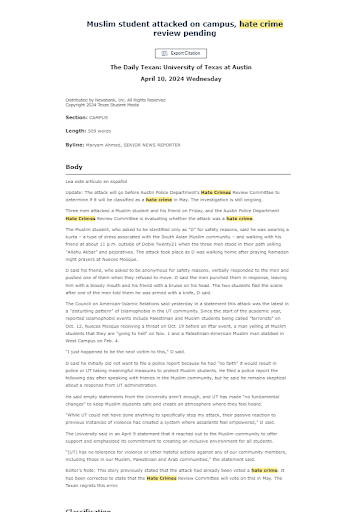 Hate Crime Report from the Daily Texan about University of Texas at Austin